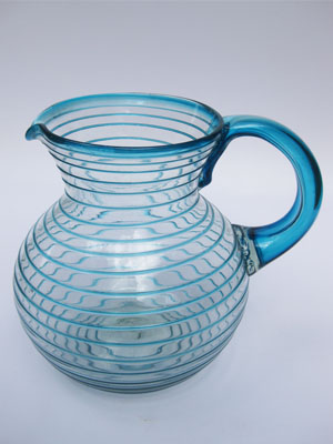 MEXICAN GLASSWARE / Aqua Blue Spiral 120 oz Large Bola Pitcher / This pitcher is a work of art by itself. Its aqua blue swirls add a beautiful touch to the design.